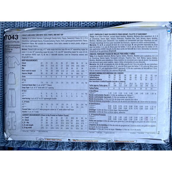 Simplicity 7043 Sewing pattern kids top vest cargo pants size 3 4 - Picture 3 of 5